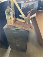 Metal file cabinet, misc glass containers, box of