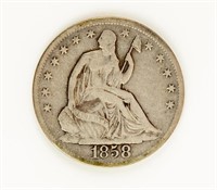 Coin 1858-O No Motto, Liberty Seated Half $, VF