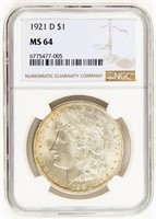 Coin 1921-D Morgan Silver Dollar, NGC-MS64