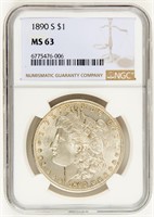 Coin 1890-S Morgan Silver Dollar, NGC- MS63