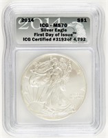 Coin 2014 Silver Eagle, 1st Day Iss., ANACS-MS70