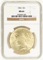 Coin 1922-P Peace Dollar, NGC - MS64