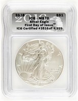 Coin 2016 Silver Eagle-1st Day Iss. ICG-MS70