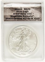 Coin 2018 Silver Eagle, 1st Strike,  ANACS-MS70
