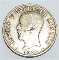 King Gustav V Sweden 1 Krona 800 Silver  1935