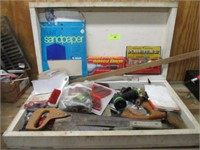 Wooden box w/saw, knives, bits, sandpaper, misc
