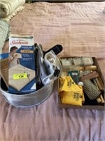 Heating pads, slings & box of shoe cleaning stuff