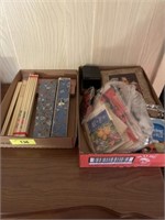 Box of oriental fans and box of trinkets