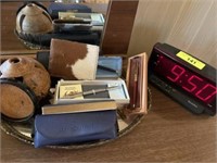 Alarm clock and mirror tray w/pens and wallets