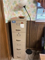 Filing cabinet, lamp, and clock