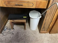 Sony DVD player, stool, trashcan and misc