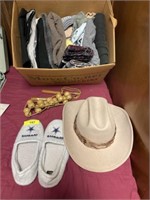 Cowboy hat,  slippers, wooden massager and box