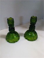 2 green glass candle sticks
