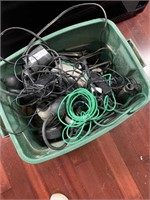 large tote of outdoor lighting and fountain pumps