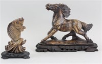 Lot of Two Chinese Horse and Fish Statues
