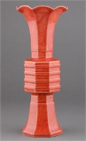 Chinese Coral Red Eggshell Crackled Porcelain Vase