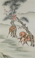 Chinese Watercolor Horse on Paper Scroll