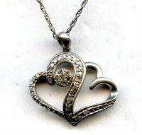 Sterling 2 Hearts & Marcasites Necklace 18"