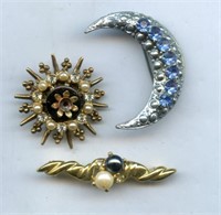 Crescent Moon & 2 Other GOld Tone Pin Lot
