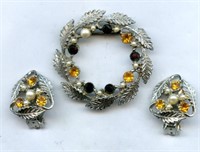 Pearl & Amber Stone Brooch & Earrings Set