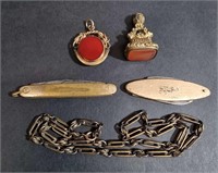 TWO PEN KNIVES TWO WATCH FOB & CHAIN