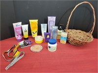 Various body products, lotion, makeup, a fitness
