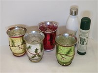 4 Christmas Candle Holders, Water Bottle, and