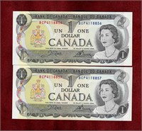 CANADA 2 CONSECUTIVE 1973 $1 BANK NOTES BC-46b