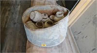 Galvanized bucket, antique jars