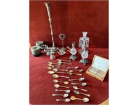 Silver assorted spoons, candle holders, walnut