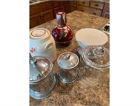 Glass cookie jars, pots and bowl, pitcher