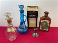 VINTAGE WHISKEY DECANTERS & STERLING CANDLESTICK
