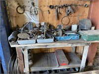 WOODEN WORKBENCH & CONTENTS APPROX 68" X29" X 36"H