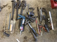 LOT OF ASSORTED TOOLS, PIPE WRENCHES, HAMMERS