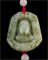 Chinese Green Hardstone Carved Buddha Head Pendant