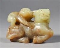Chinese White/Green Jade Carving Boy Atop Cow