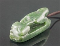 Chinese Green Jade Carved Couching Dragon Pendant