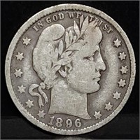 1896-O Barber Silver Quarter, Key Date, Nice!