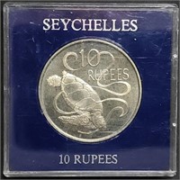 1974 Seychelles 10 Rupees Crown with Sea Turtle