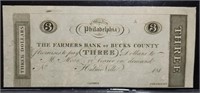 Farmers Bank of Bucks County $3 Obsolete Currency