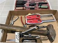 Variety of 11 Screwdrivers, pliers, a hammer,