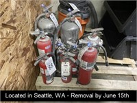 LOT, (9) ASSORTED FIRE EXTINGUISHERS (NEED