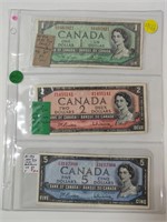 3 1954 BANK NOTES; $1, $2 & $5