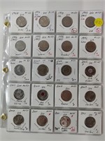 2 SHEETS OF 20 5 CENT NICKEL COINS; 1929-2015, UF