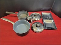 2 Aluminum Pots with lids, candy dish and