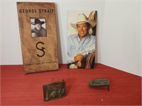 2 Belt Buckles and George Strait book with box.