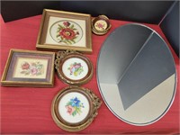 Oval Mirror - 24in x 12in W, pictures 11in x 11in,