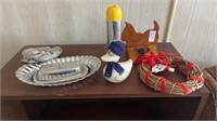 Wooden duck and dog, stainless steel serving