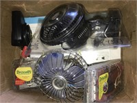 Assortment of small fans, booster cables, adapter