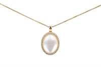 18K GOLD MOONSTONE AND DIAMOND NECKLACE, 11.8g